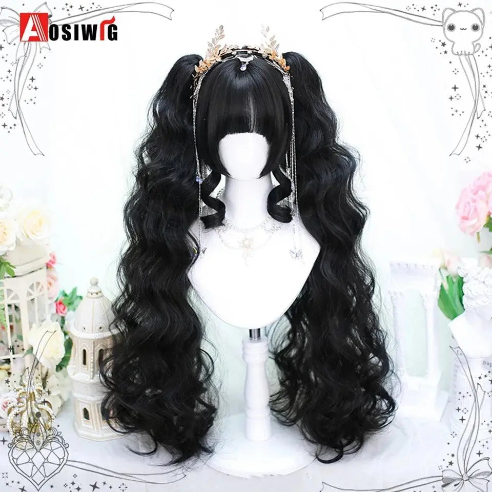 Synthetic Red Long Curly Double ponytail Lolita Cosplay Halloween Wig Female Wig with Ponytail Natural Fake Hair For Women - Tophatter Daily Deals