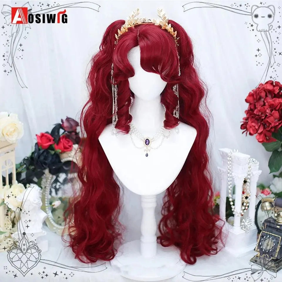 Synthetic Red Long Curly Double ponytail Lolita Cosplay Halloween Wig Female Wig with Ponytail Natural Fake Hair For Women 6 - Tophatter Daily Deals