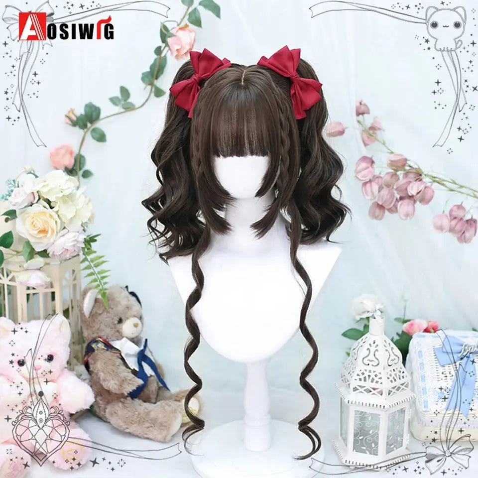 Synthetic Red Long Curly Double ponytail Lolita Cosplay Halloween Wig Female Wig with Ponytail Natural Fake Hair For Women - Tophatter Daily Deals