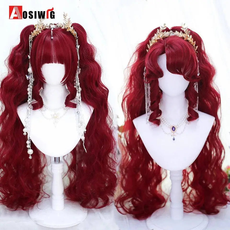 Synthetic Red Long Curly Double ponytail Lolita Cosplay Halloween Wig Female Wig with Ponytail Natural Fake Hair For Women - Tophatter Daily Deals