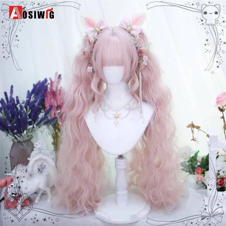 Synthetic Red Long Curly Double ponytail Lolita Cosplay Halloween Wig Female Wig with Ponytail Natural Fake Hair For Women - Tophatter Daily Deals