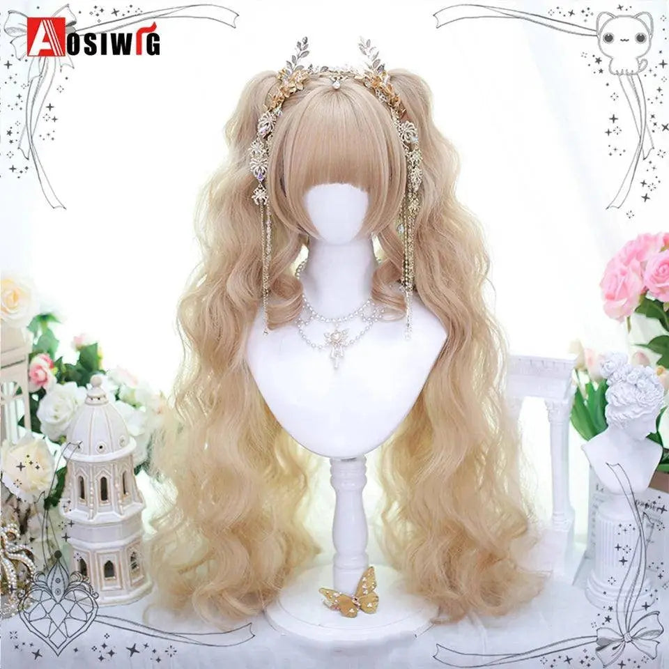Synthetic Red Long Curly Double ponytail Lolita Cosplay Halloween Wig Female Wig with Ponytail Natural Fake Hair For Women - Tophatter Daily Deals