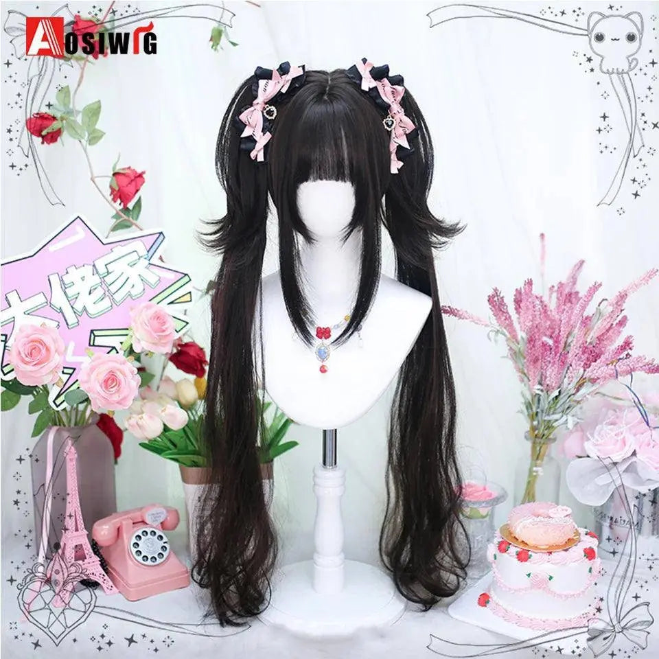 Synthetic Red Long Curly Double ponytail Lolita Cosplay Halloween Wig Female Wig with Ponytail Natural Fake Hair For Women - Tophatter Daily Deals