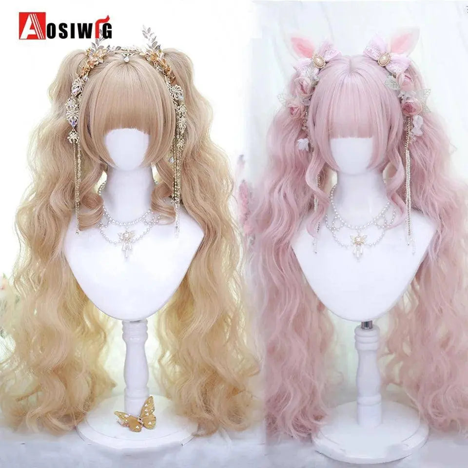 Synthetic Red Long Curly Double ponytail Lolita Cosplay Halloween Wig Female Wig with Ponytail Natural Fake Hair For Women - Tophatter Daily Deals