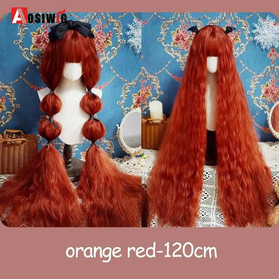 Synthetic Red Long Curly Double ponytail Lolita Cosplay Halloween Wig Female Wig with Ponytail Natural Fake Hair For Women - Tophatter Daily Deals