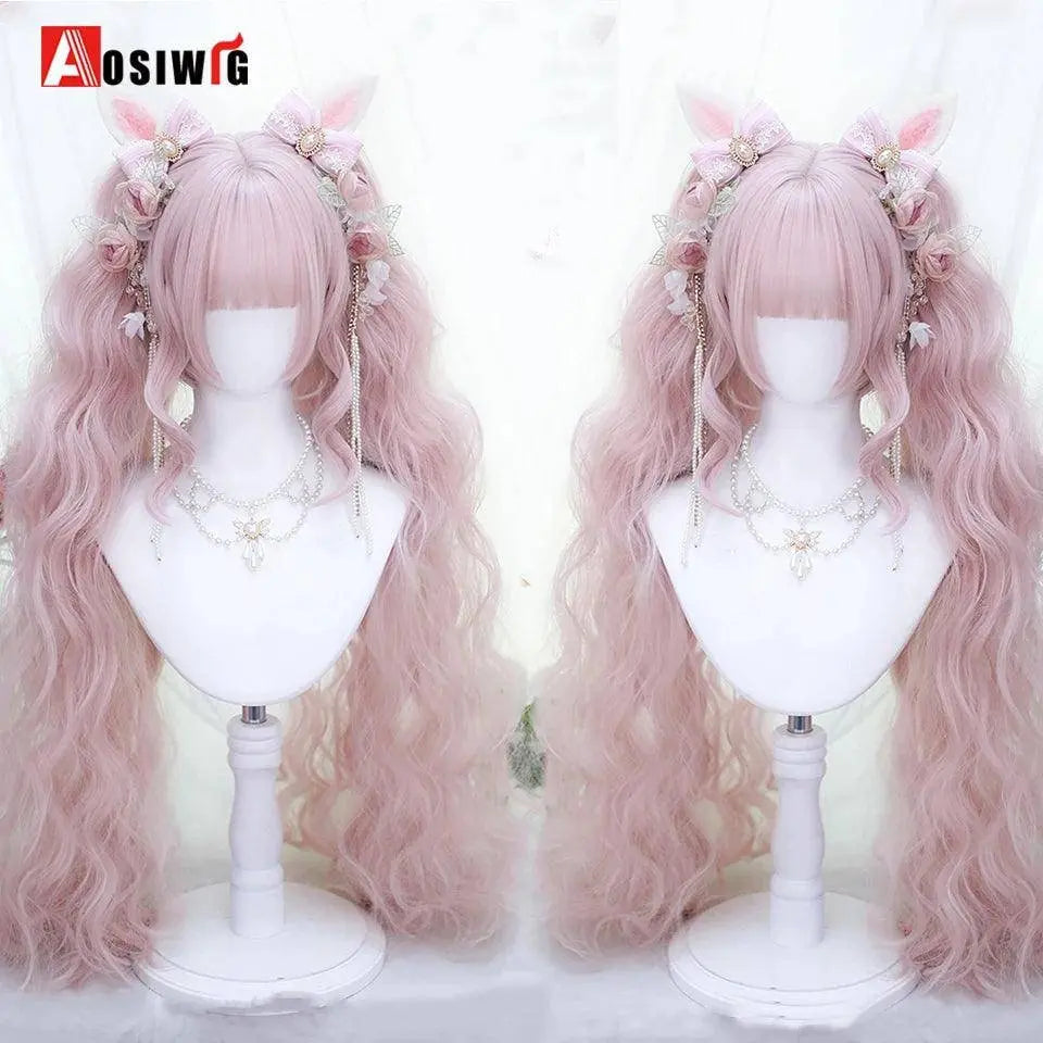 Synthetic Red Long Curly Double ponytail Lolita Cosplay Halloween Wig Female Wig with Ponytail Natural Fake Hair For Women - Tophatter Daily Deals