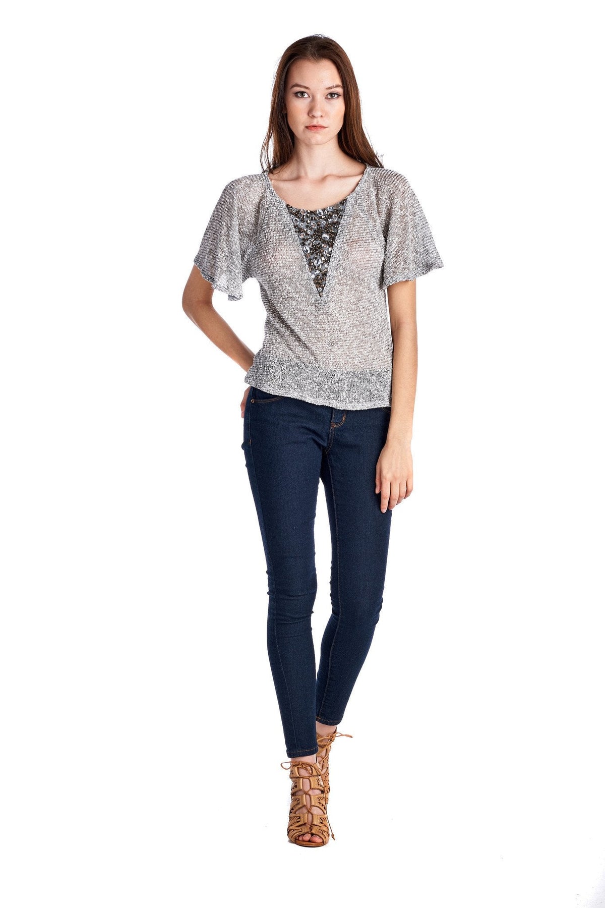 Women's Embellished Flutter Sleeve Top Tops - Tophatter Daily Deals