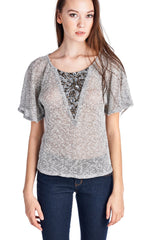 Women's Embellished Flutter Sleeve Top Grey 2 Tops - Tophatter Daily Deals