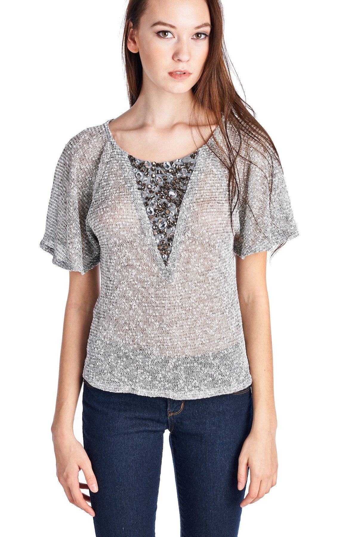 Women's Embellished Flutter Sleeve Top Grey 2 Tops - Tophatter Daily Deals