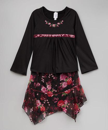 Girls Black & Pink Rose Tee & Handkerchief Skirt Black 68 Children / Sets - Tophatter Daily Deals