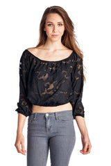 Women's 3/4 Three Quarter Sleeve Burnout Crop Top Black 79 Tops - Tophatter Daily Deals