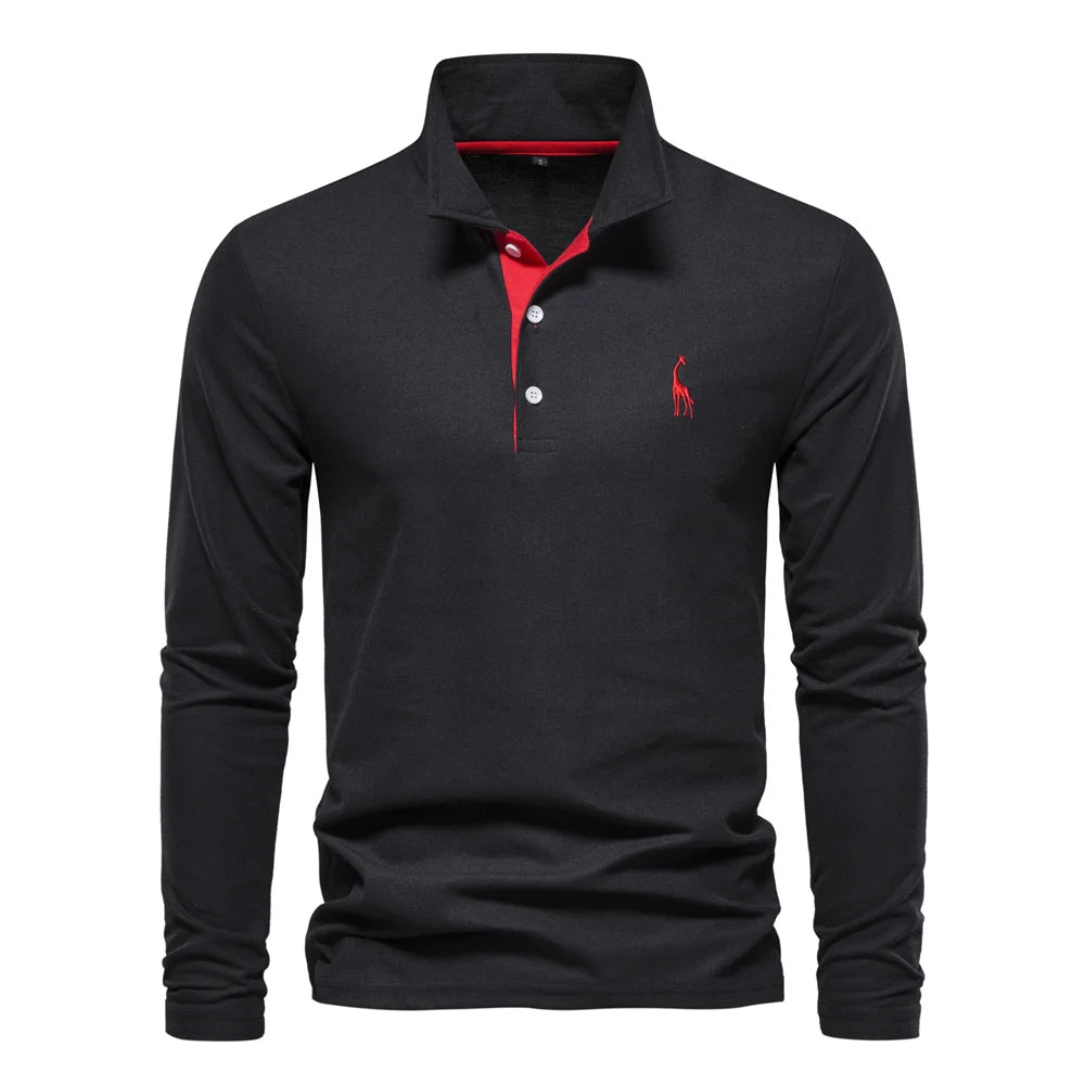 Soft Classic Mens Long Sleeve Polo - Collared Cotton Casual Black and Red - Tophatter Daily Deals