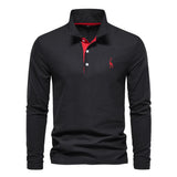 Soft Classic Mens Long Sleeve Polo - Collared Cotton Casual Black and Red - Tophatter Daily Deals
