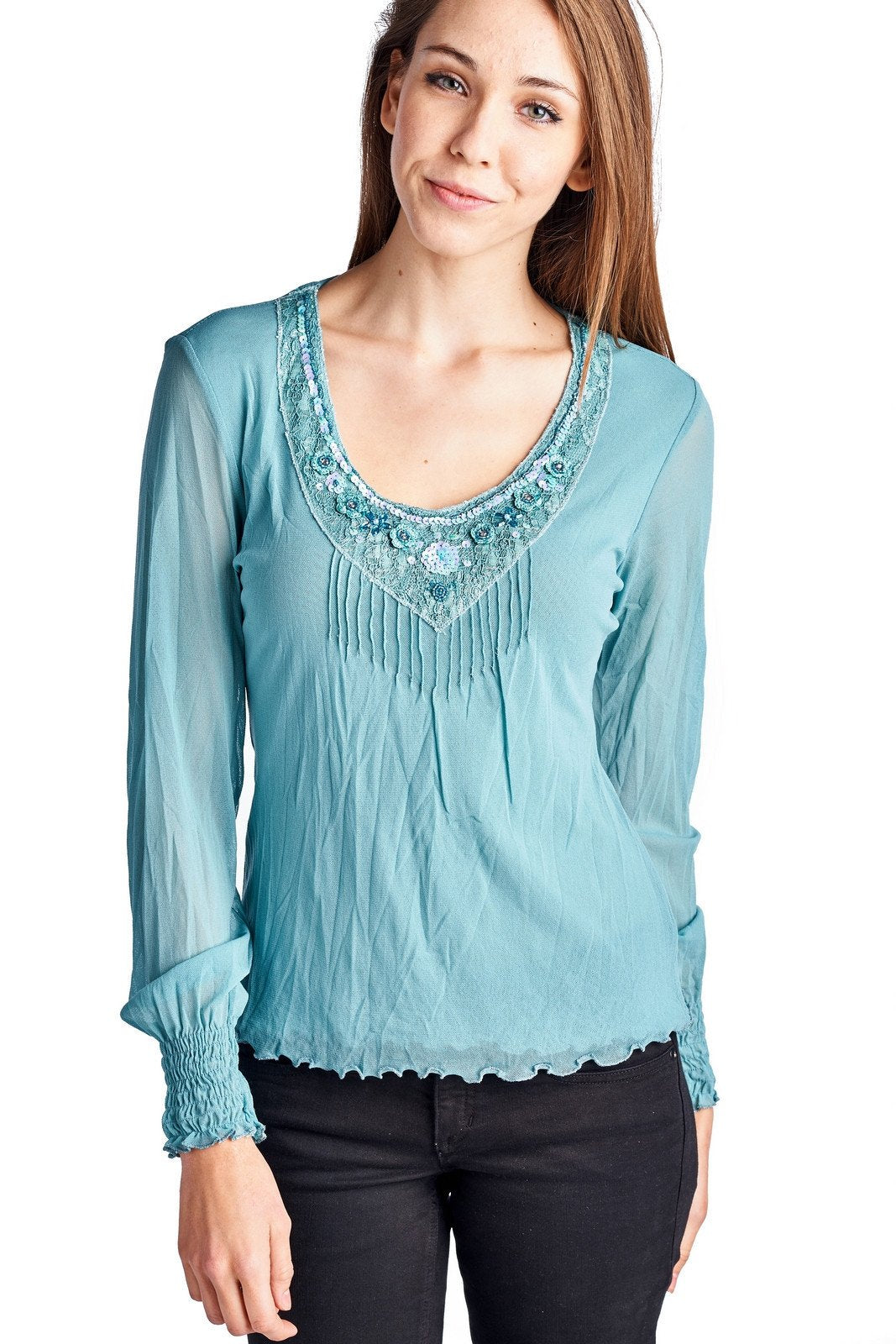 Women's Long Sleeve Mesh Top Aqua 3 Tops - Tophatter Daily Deals