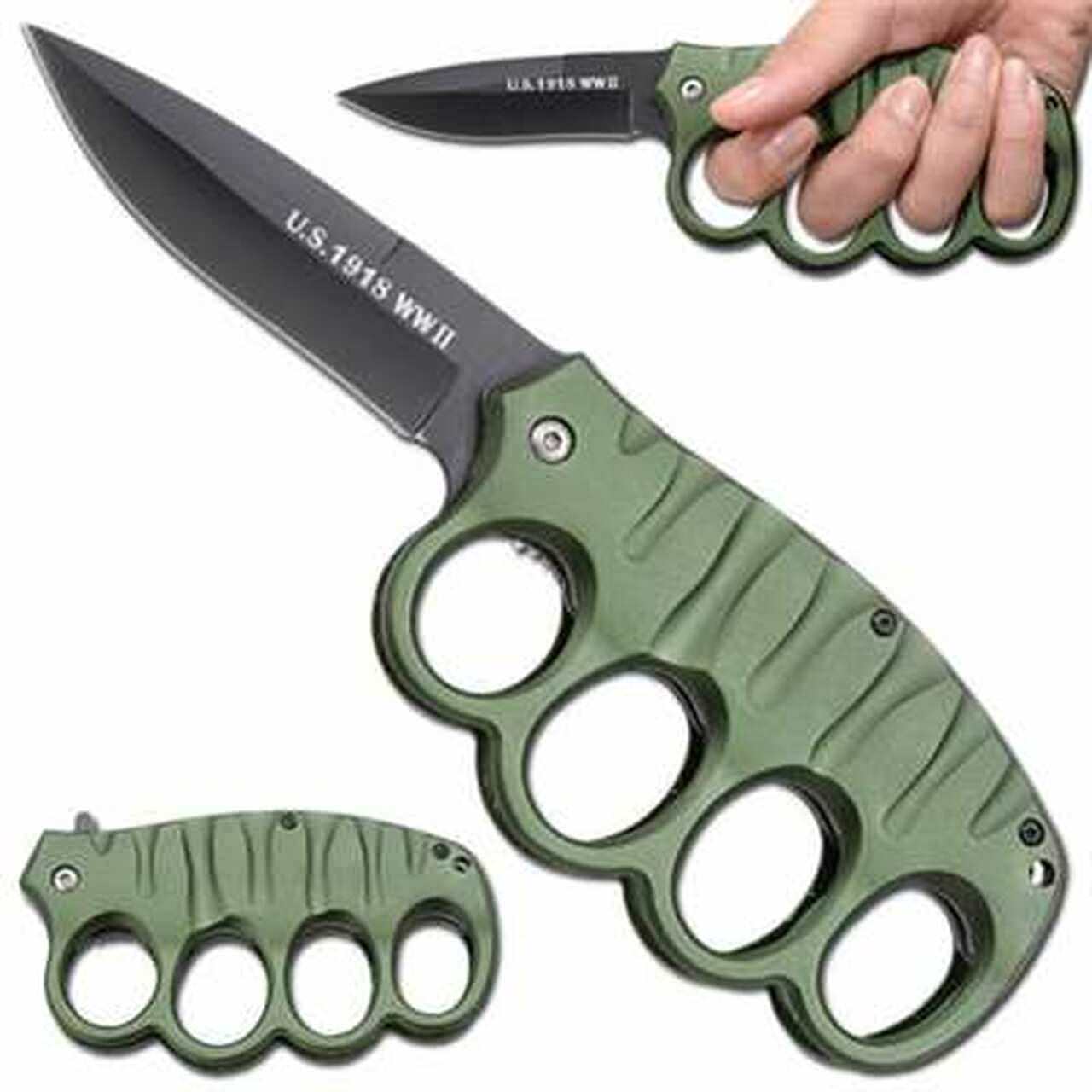 3.5" Blade Green Trench Knuckle Spring-Assist Folding Knife - TOPHATTER'S ARMORY DEALS Collectible Weapons - Tophatter Daily Deals
