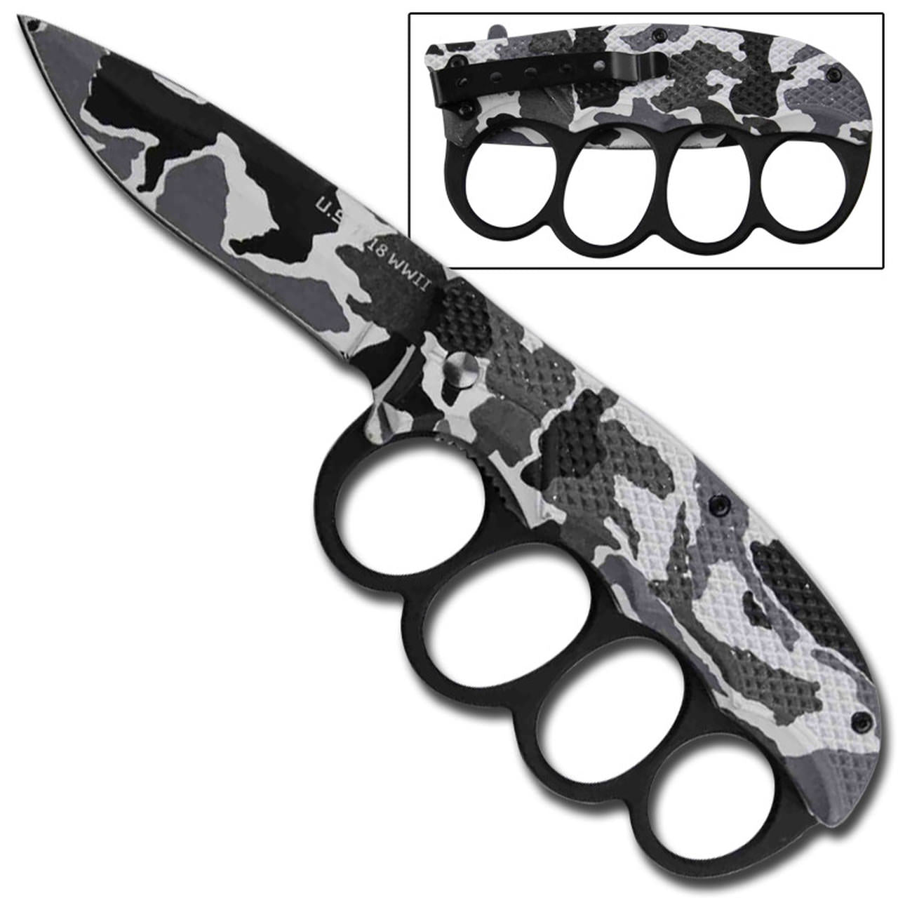 3.5" Blade Camo Trench Knuckle Spring-Assist Folding Knife - TOPHATTER'S ARMORY DEALS Collectible Weapons - Tophatter Daily Deals
