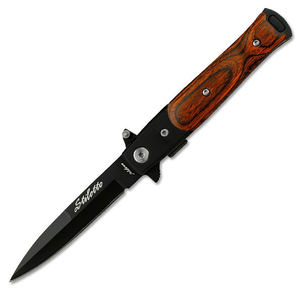 4 Inch Closed Stiletto Style Assisted Knife With Pakawood Handle - Tophatter's Guns'N'Weapons Store - FREE SHIPPING Collectible Weapons - Tophatter Daily Deals