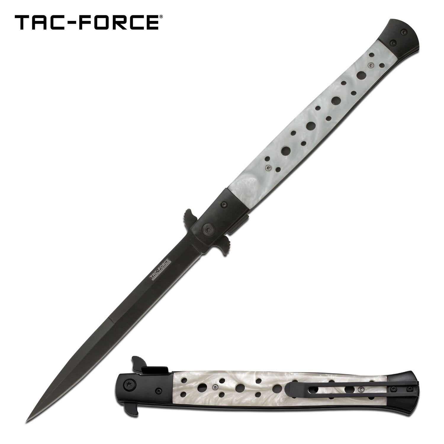 Huge Italian Stiletto Style Spring Assist Knife - White Pearl Handle Collectible Weapons - Tophatter Daily Deals