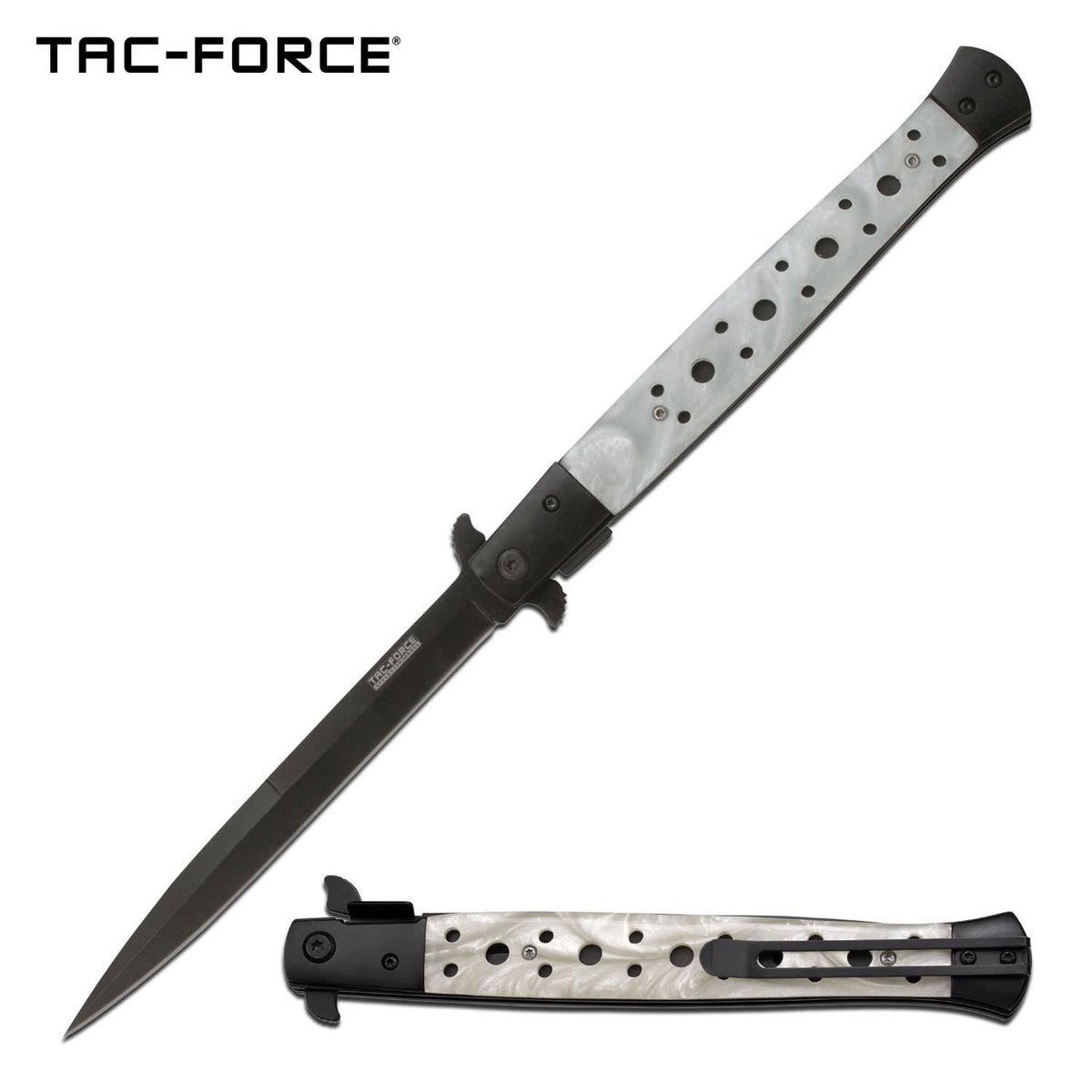 Huge Italian Stiletto Style Spring Assist Knife - White Pearl Handle - Tophatter's Guns'N'Weapons Store Collectible Weapons - Tophatter Daily Deals