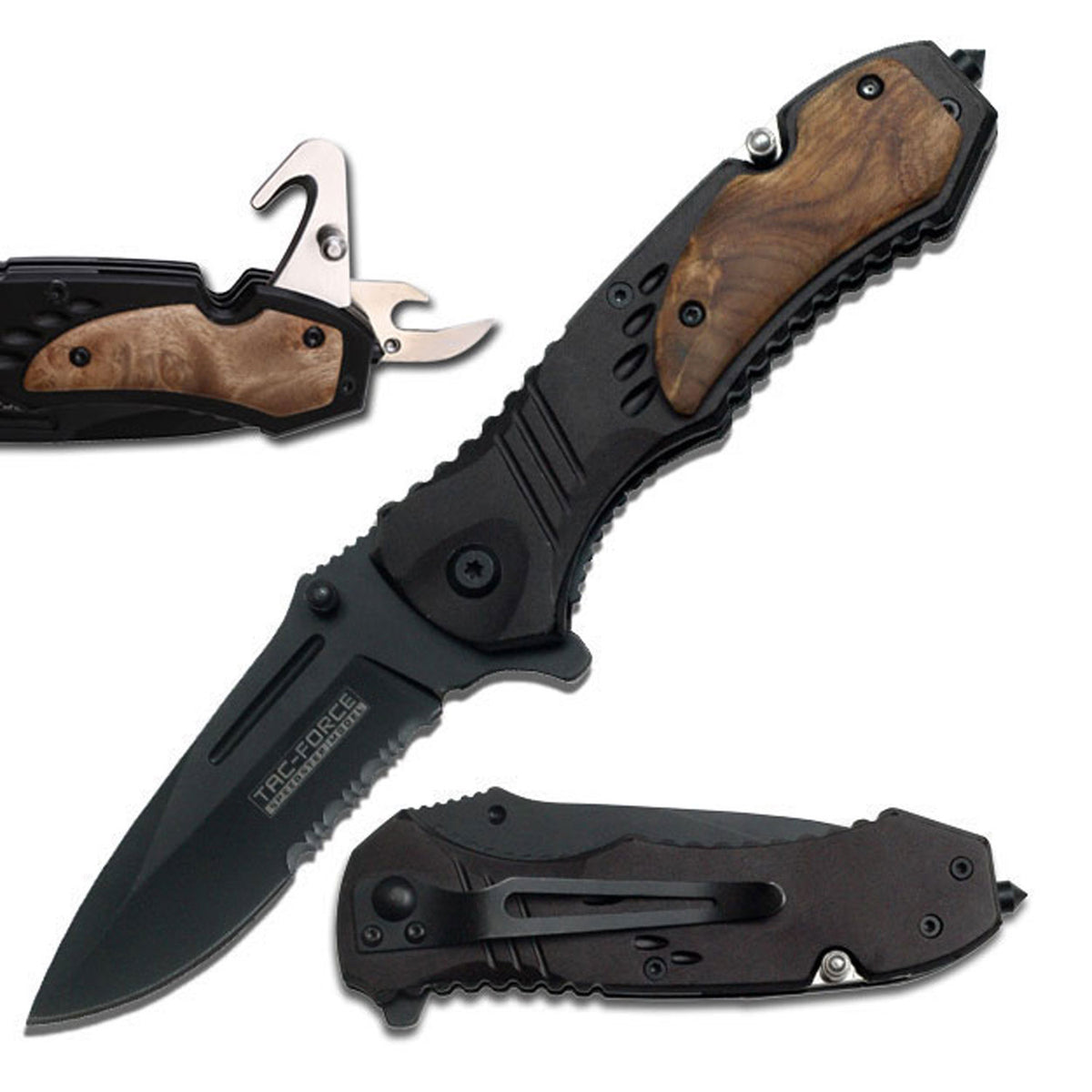 Spring Assist Knife, Black Half-Serrated Blade, Burl Wood Handle - Tophatter's Guns'N'Weapons Store Collectible Weapons - Tophatter Daily Deals
