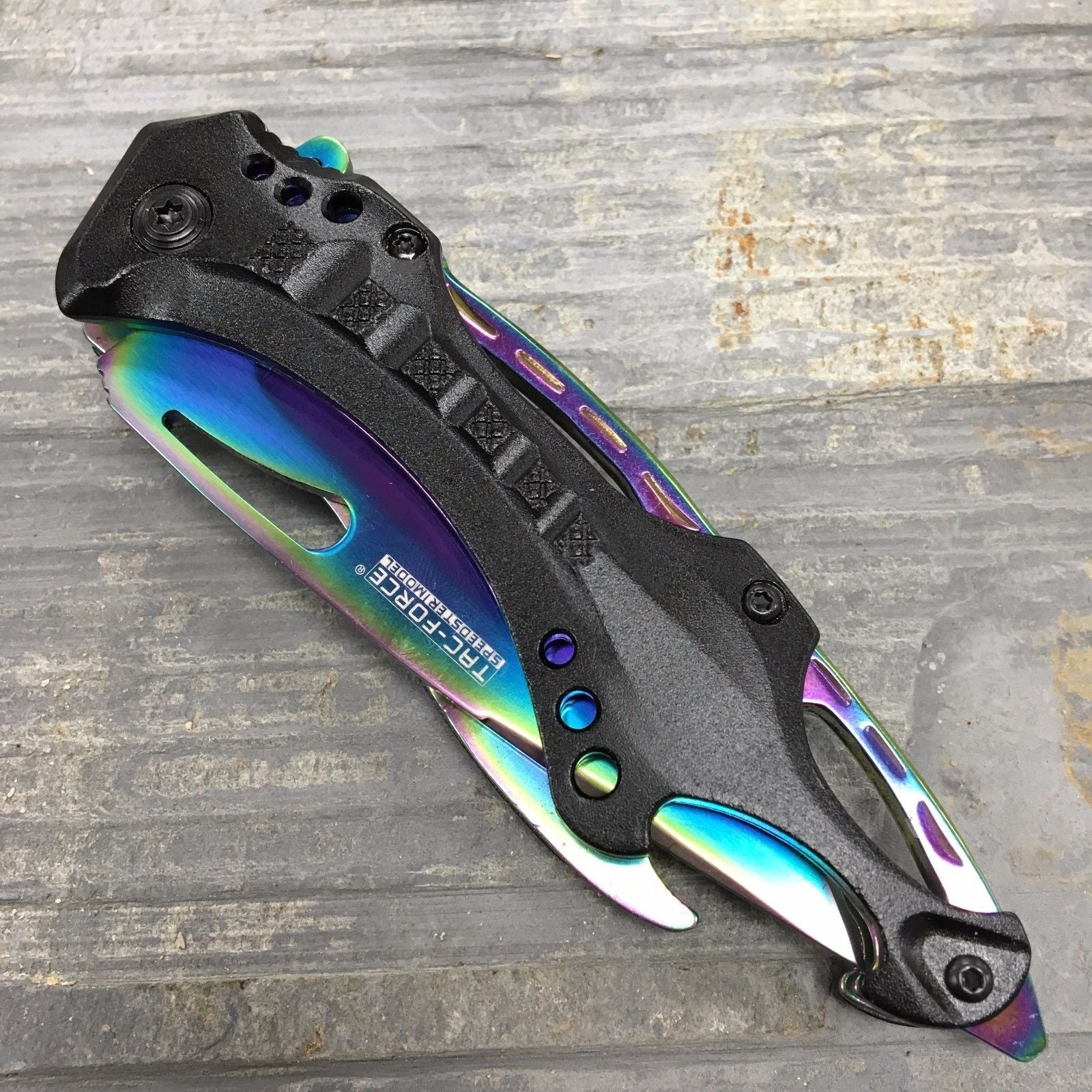 Rainbow Spring Assisted Tactical Knife w/ Bottle Opener + Screwdriver Knife-Assist - Tophatter Daily Deals