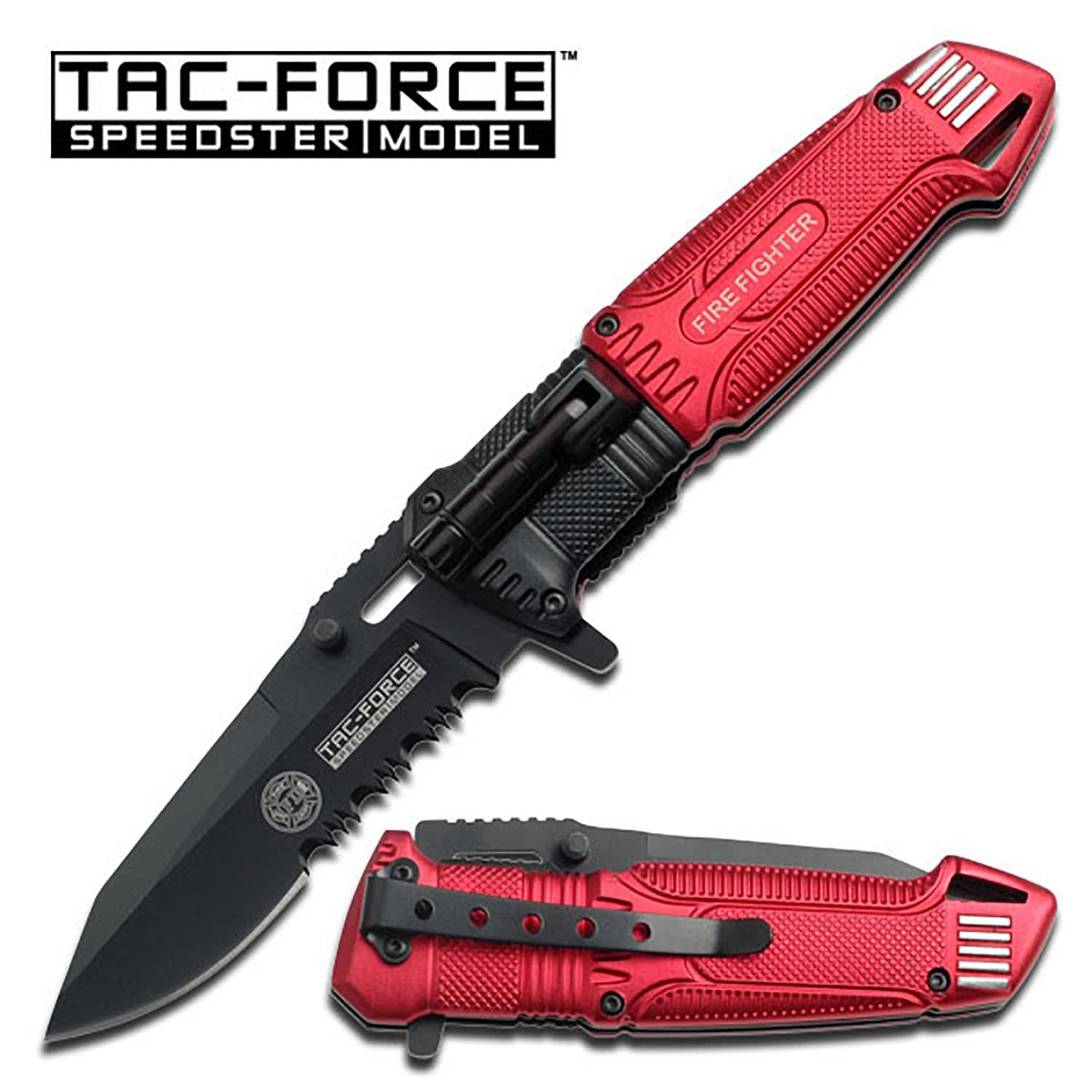 Aluminum Handle Spring Assist Knife with LED Light Red Fire Fighter - Tophatter's Inc. Weapons Store Online Collectible Weapons - Tophatter Daily Deals