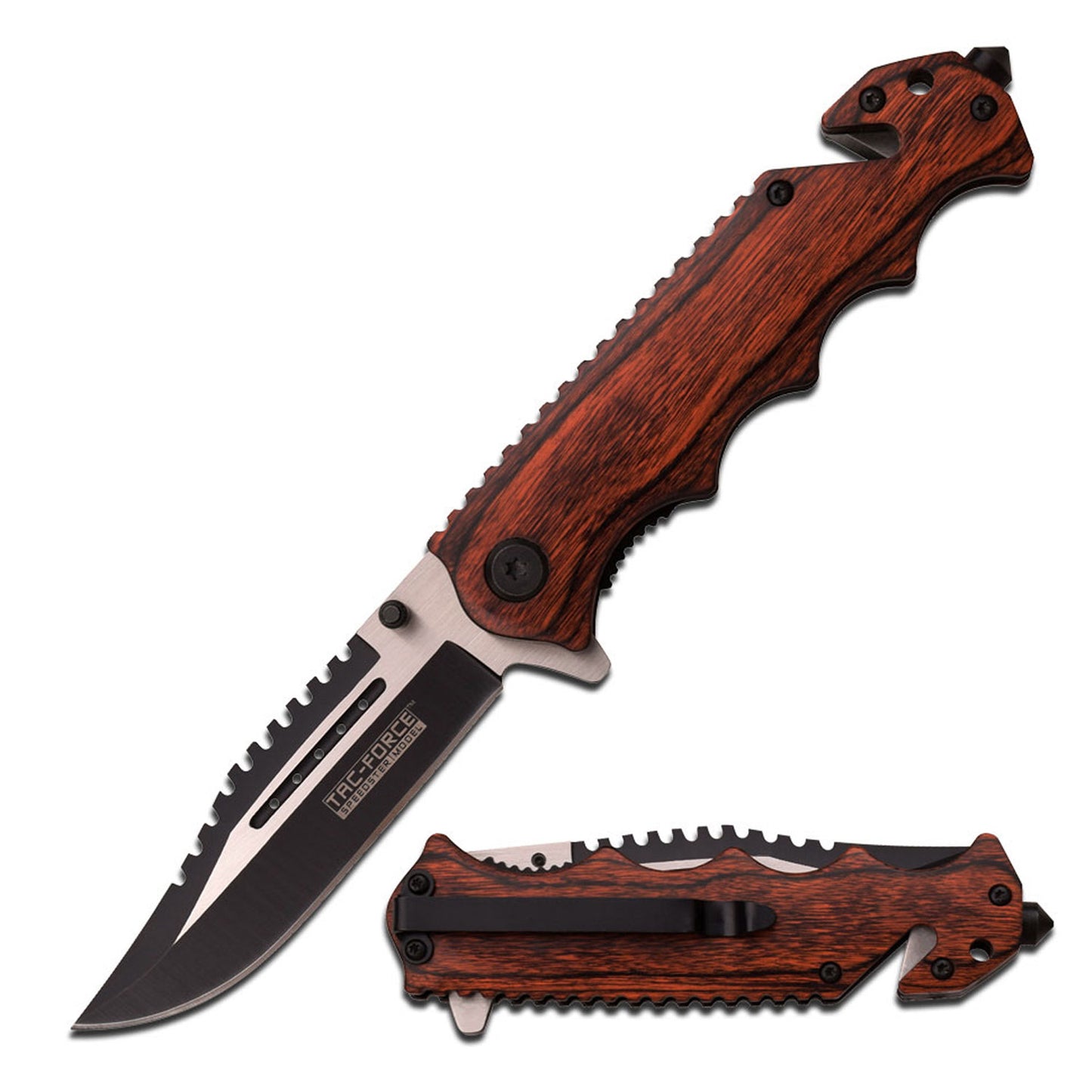 8 Inch Wood Two-Tone Spring Assist Tactical Folding Knife - Tophatter's Inc. Weapons Store Online Collectible Weapons - Tophatter Daily Deals