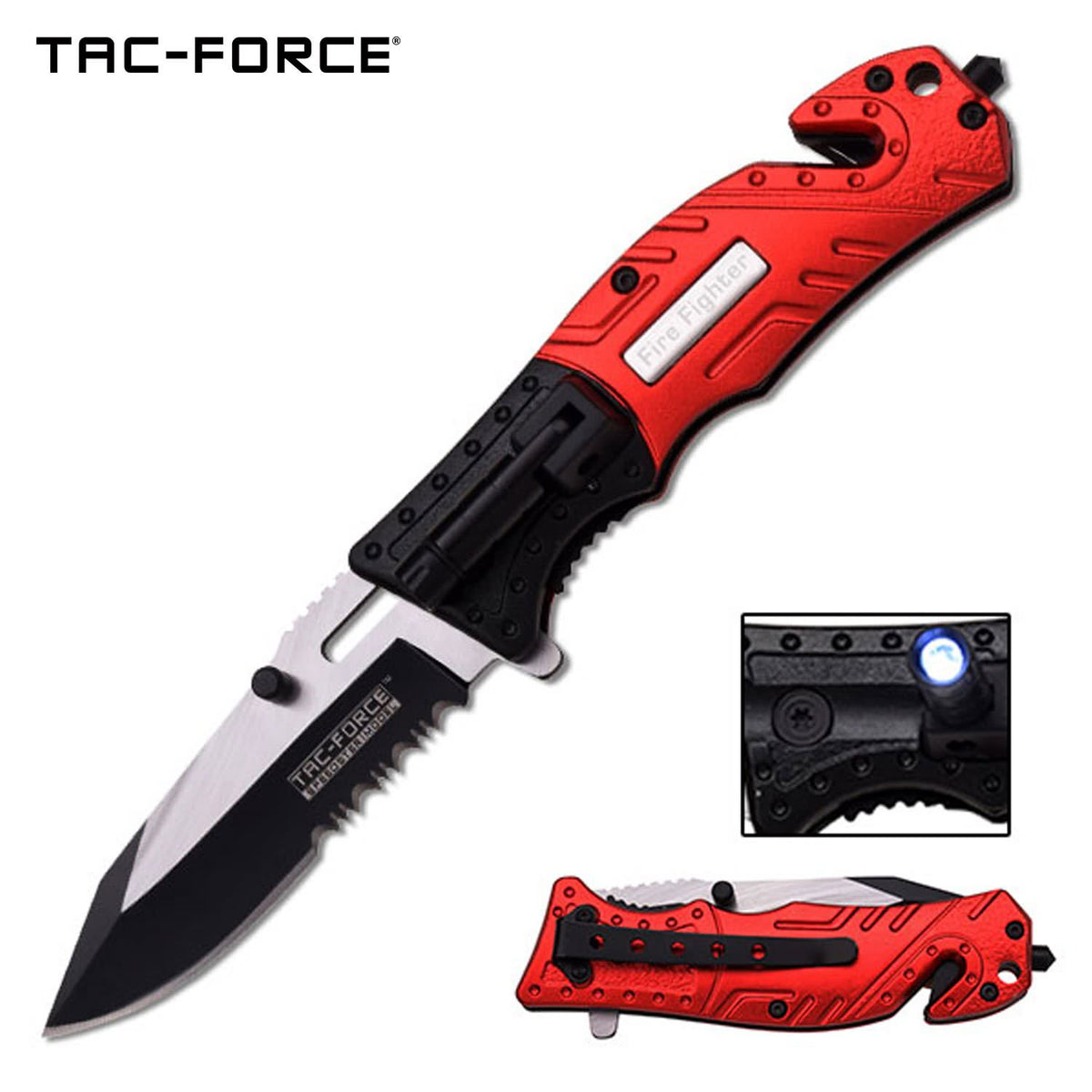 Tac-Force 7.75" Fire Fighter Spring Assisted Folding Knife With Flashlight - Tophatter's Guns'N'Weapons Store - FREE SHIPPING Collectible Weapons - Tophatter Daily Deals
