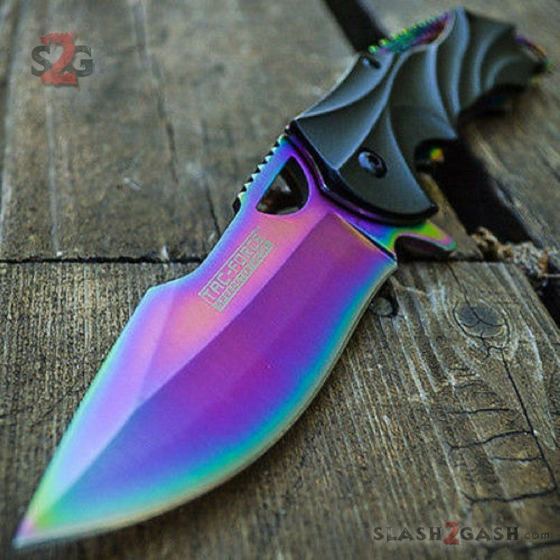 Rainbow Titanium Blade Spring Assisted Pocket Knife Folding Bowie 8" Knife-Assist - Tophatter Daily Deals