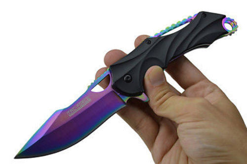 Rainbow Titanium Blade Spring Assisted Pocket Knife Folding Bowie 8" Knife-Assist - Tophatter Daily Deals
