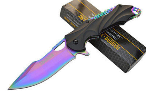 Rainbow Titanium Blade Spring Assisted Pocket Knife Folding Bowie 8" Knife-Assist - Tophatter Daily Deals