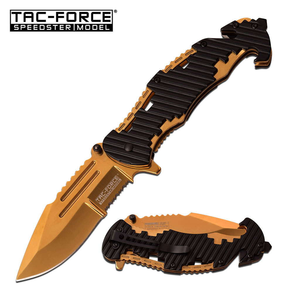 Tac-Force Rescue Style Assisted Opening Pocket Knife Black Gold Handle - Tophatter's Guns'N'Weapons Store - FREE SHIPPING Collectible Weapons - Tophatter Daily Deals