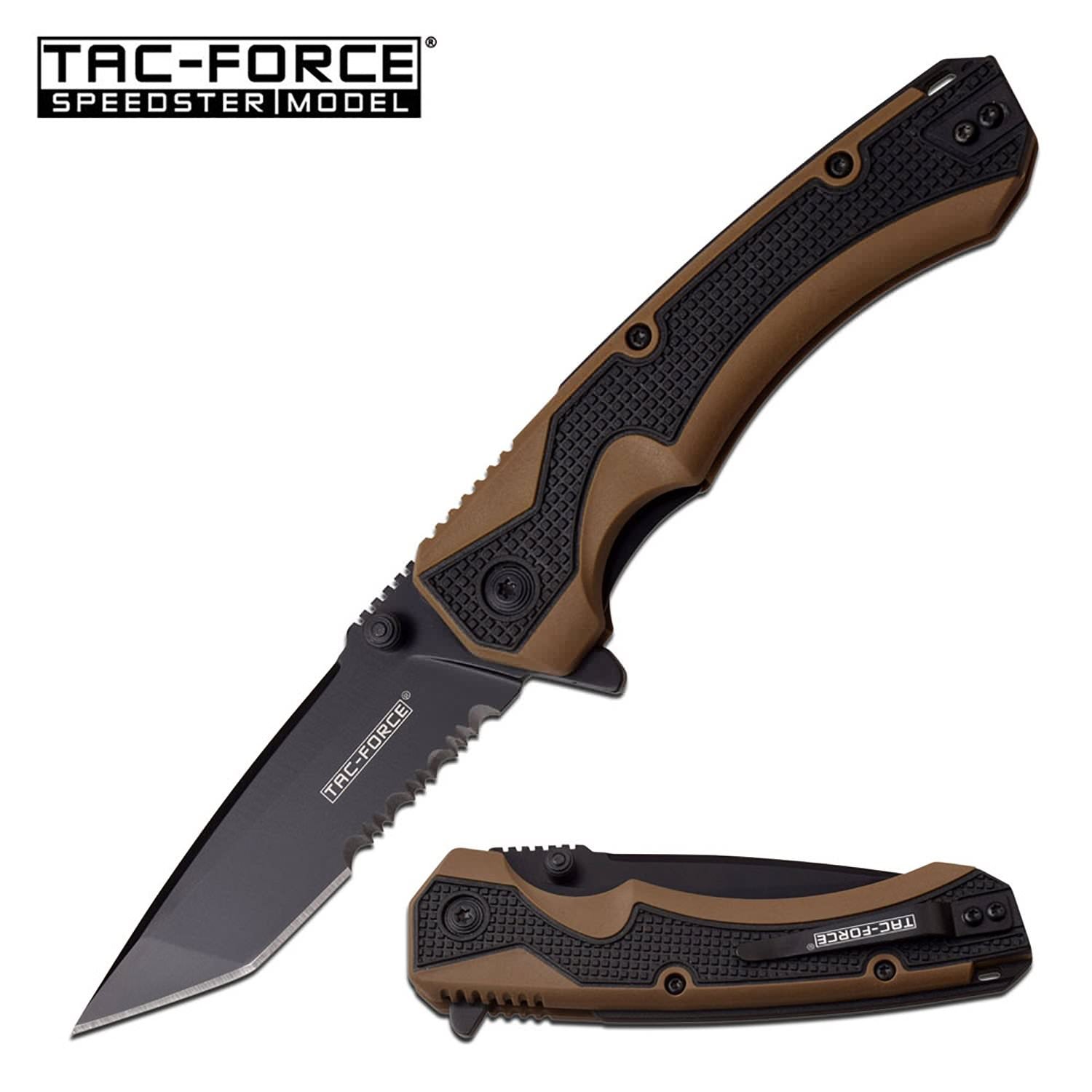 Rapid Tan Spring Assisted Knife - Black Tanto Serrated - Tophatter's Army Products & Self Defense Collectible Weapons - Tophatter Daily Deals