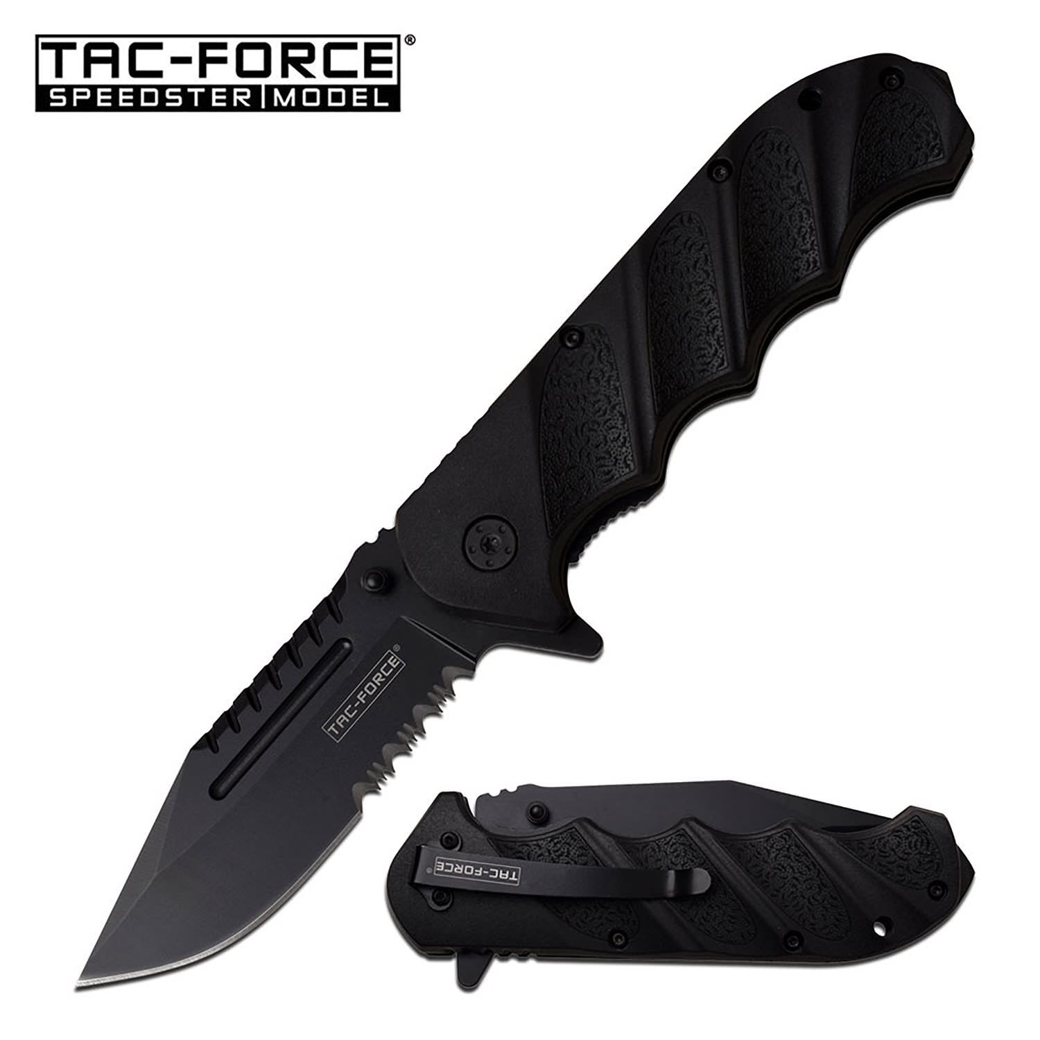 Spring Assist Folding Knife Tactical Black Serrated Blade EDC - Tophatter's Guns'N'Weapons Store Collectible Weapons - Tophatter Daily Deals
