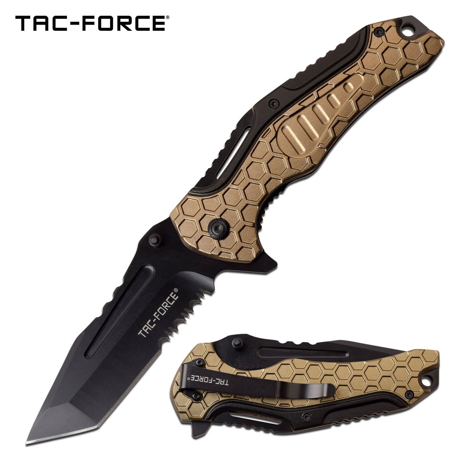 3.75" Black Tanto Serrated Blade Tan Spring-Assist Folding Knife - Tophatter's Guns'N'Weapons Store - FREE SHIPPING Collectible Weapons - Tophatter Daily Deals
