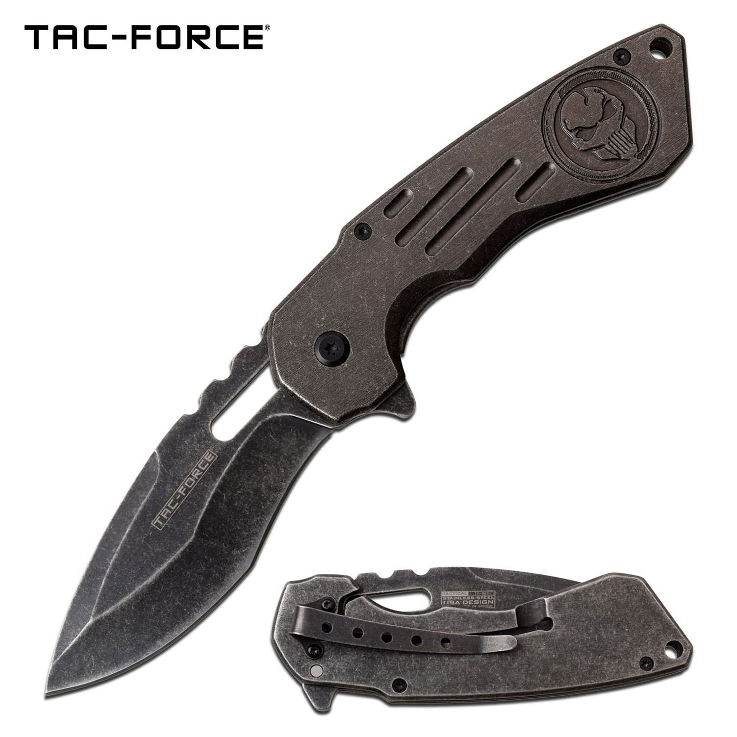 3.5" Gray Stone Blade Skull Tactical EDC Spring-Assist Folding Knife - Tophatter's Guns'N'Weapons Store Collectible Weapons - Tophatter Daily Deals