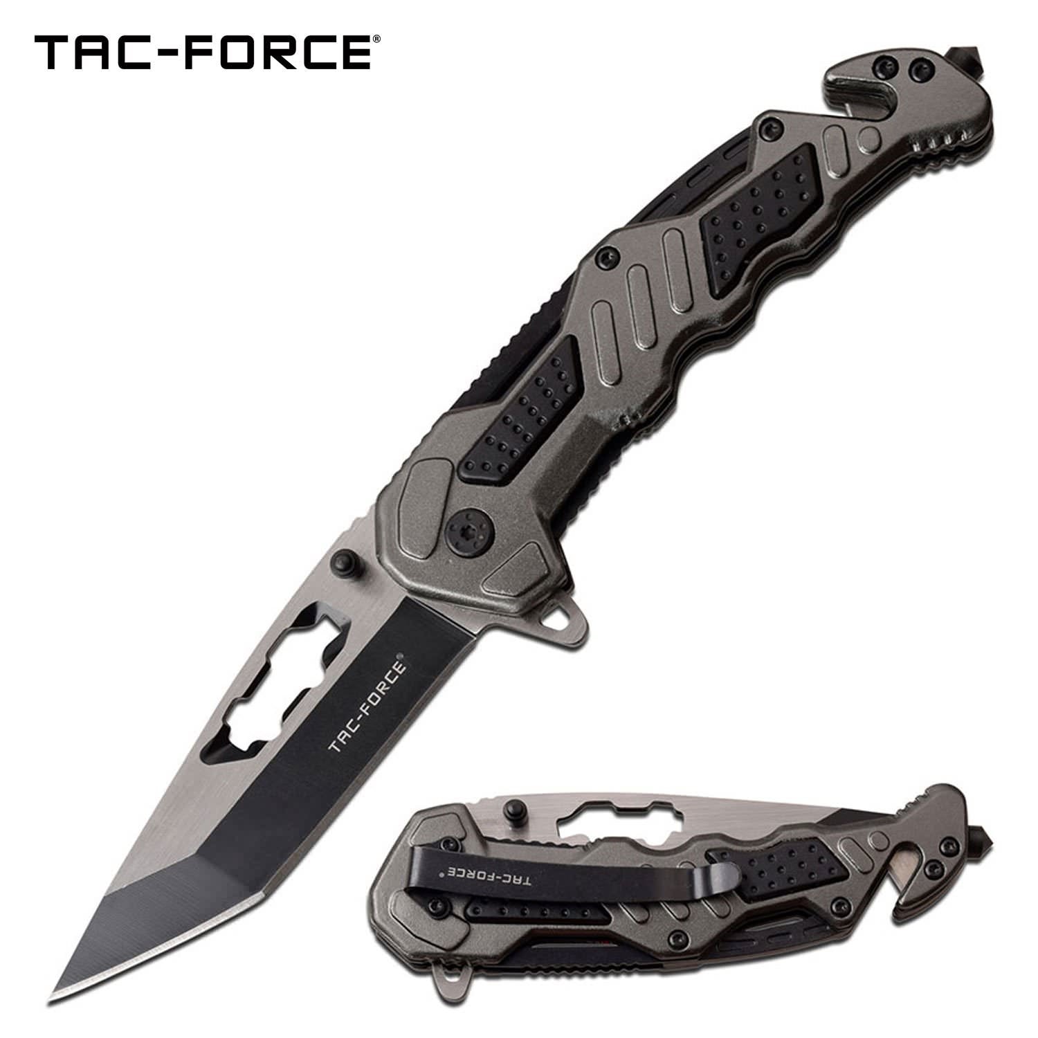 Gray Tactical Rescue Black Tanto Blade Spring-Assist Folding Knife Collectible Weapons - Tophatter Daily Deals