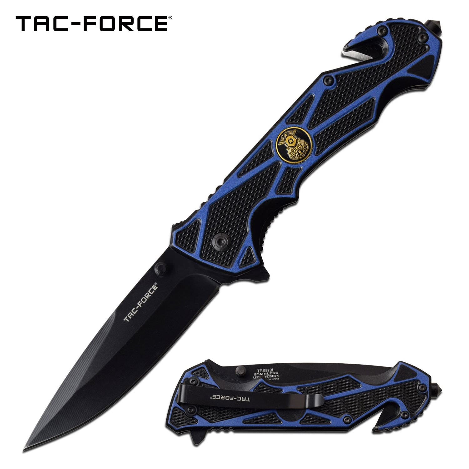 Spring Assist Folding Knife Blue Police Black Blade Rescue - Tophatter's Inc. Weapons Store Online Collectible Weapons - Tophatter Daily Deals