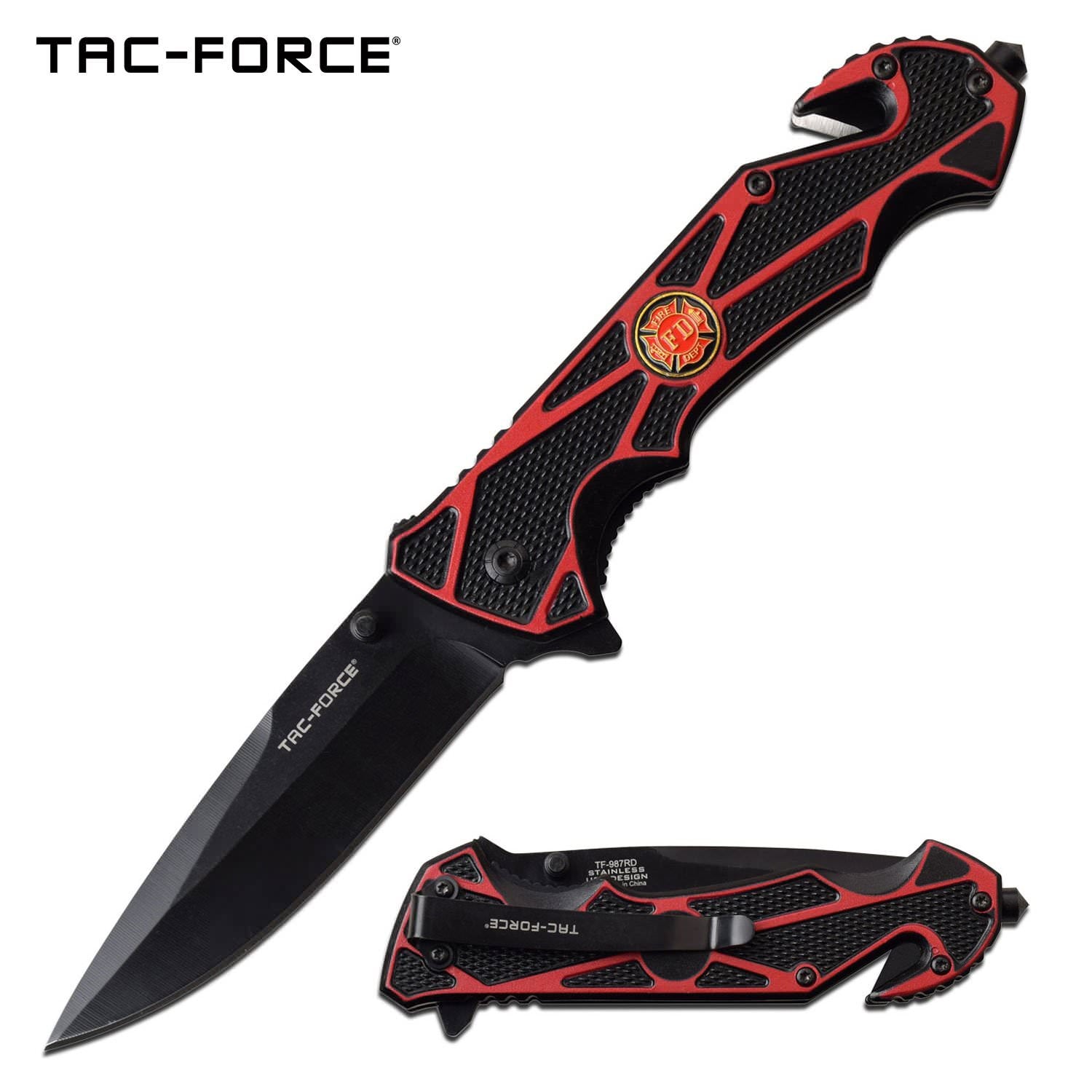 Red Firefighter Black Blade Rescue Spring-Assist Folding Knife - TOPHATTER'S ARMORY DEALS Collectible Weapons - Tophatter Daily Deals