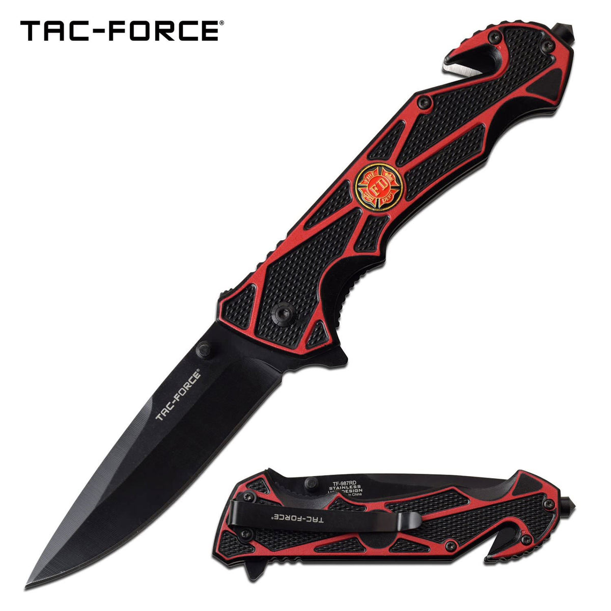 Red Firefighter Black Blade Rescue Spring-Assist Folding Knife - TOPHATTER'S ARMORY DEALS Collectible Weapons - Tophatter Daily Deals