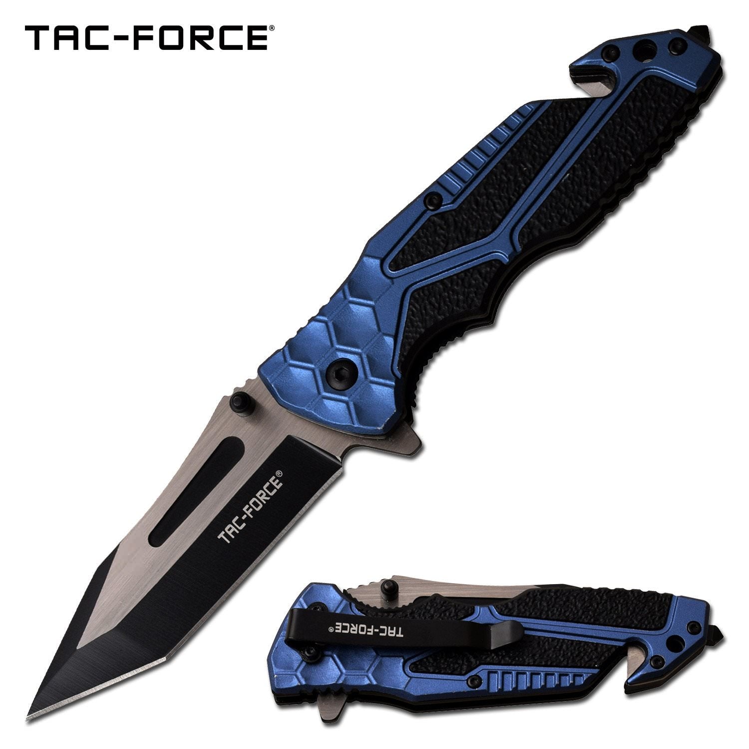 3.5" Black Tanto Blade Blue EDC Tactical Spring-Assist Folding Knife - Tophatter's Guns'N'Weapons Store Collectible Weapons - Tophatter Daily Deals