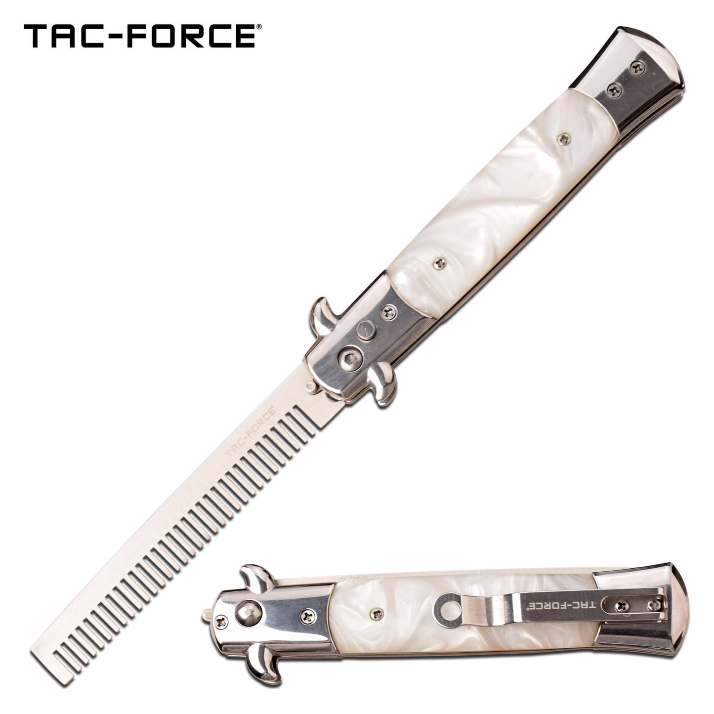 Automatic Push Button Folding Beard Comb Switchblade Knife White Acrylic Handle - Tophatter's Inc. Weapons Store Online Collectible Weapons - Tophatter Daily Deals