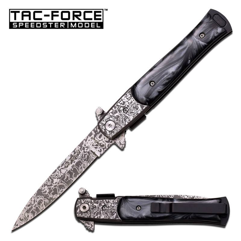 Stiletto Style Damascus Steel Spring Assisted Knife With Black Pearl Handle Collectible Weapons - Tophatter Daily Deals