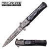 Stiletto Style Damascus Steel Spring Assisted Knife With Black Pearl Handle Collectible Weapons - Tophatter Daily Deals