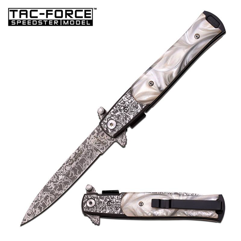 Stiletto Style Spring Action Assisted Folder Knife - White Mother of Pearl - Tophatter's Inc. Weapons Store Online Collectible Weapons - Tophatter Daily Deals