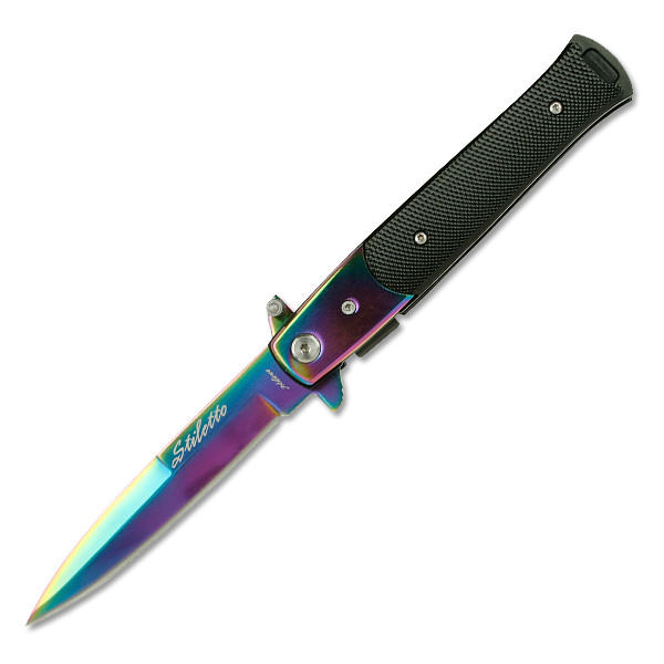 Stiletto Style Spring Assist knife Rainbow Finish Spear Point Blade - Tophatter's Inc. Weapons Store Online Collectible Weapons - Tophatter Daily Deals