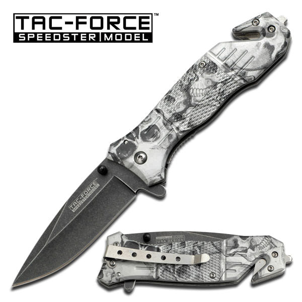 Spring Assist Knife - Rescue Window Breaker - White Skull Camo - TOPHATTER'S ARMORY DEALS Collectible Weapons - Tophatter Daily Deals