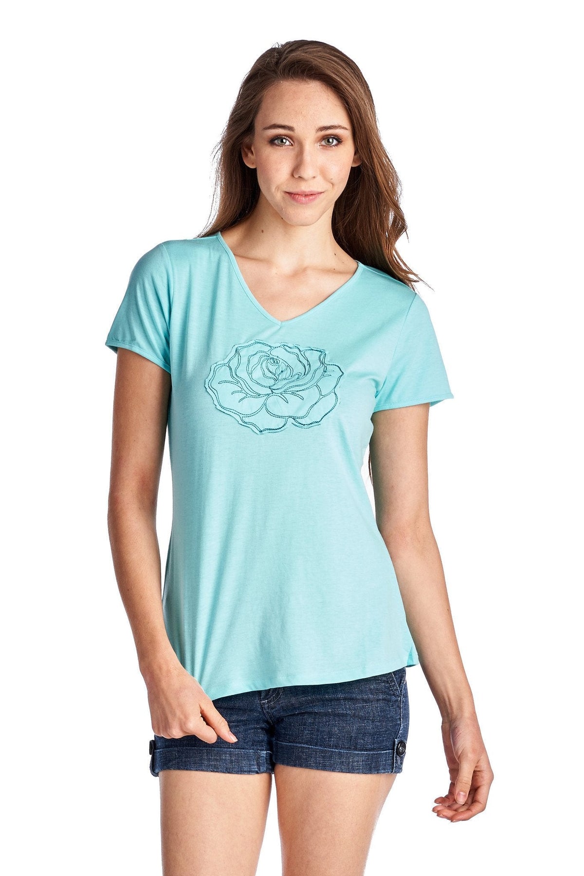 Women's Short Sleeve Rose Embroidered V-Neck Tee Blue 11 Tops - Tophatter Daily Deals