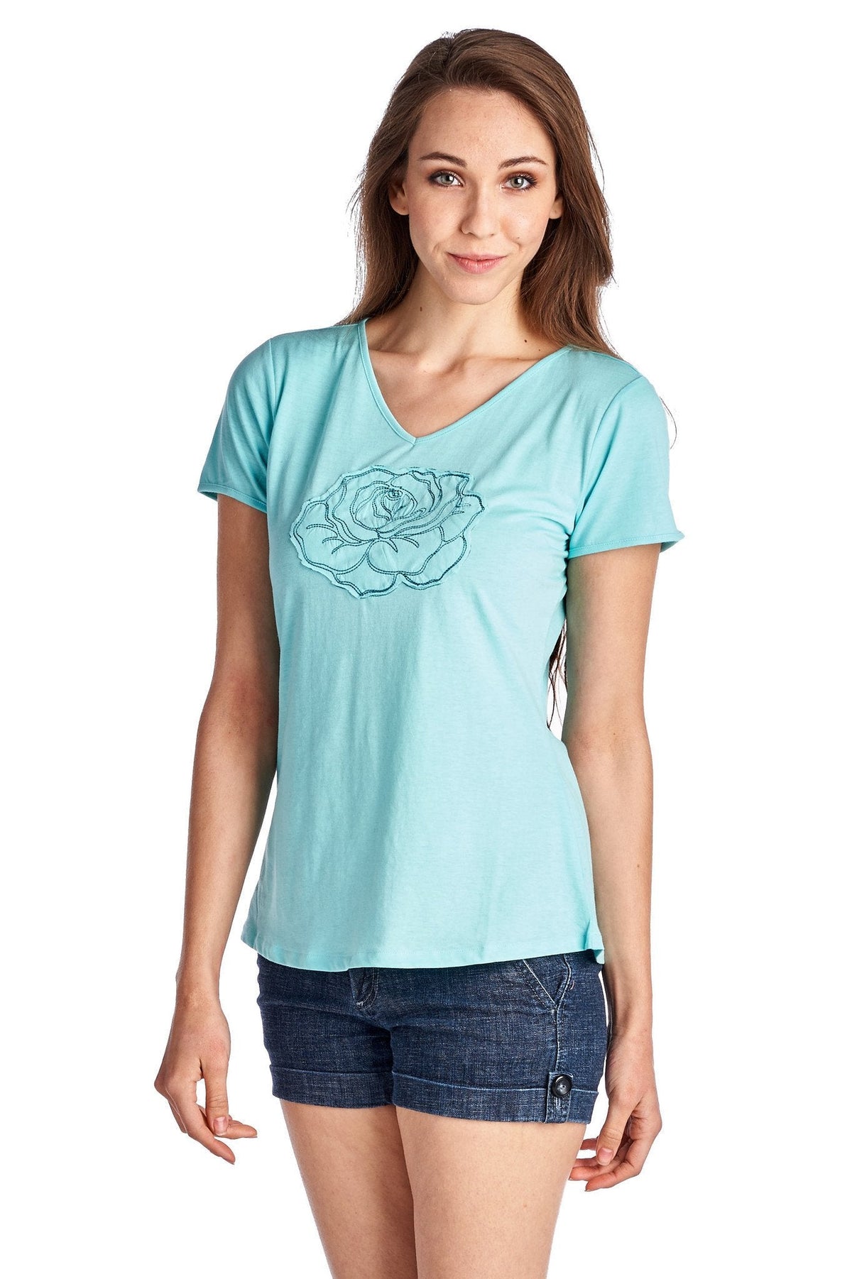 Women's Short Sleeve Rose Embroidered V-Neck Tee Tops - Tophatter Daily Deals