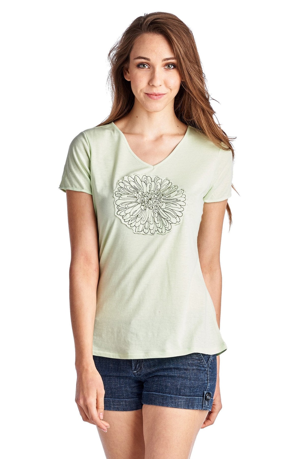 Women's Short Sleeve Rose Embroidered V-Neck Tee Tops - Tophatter Daily Deals